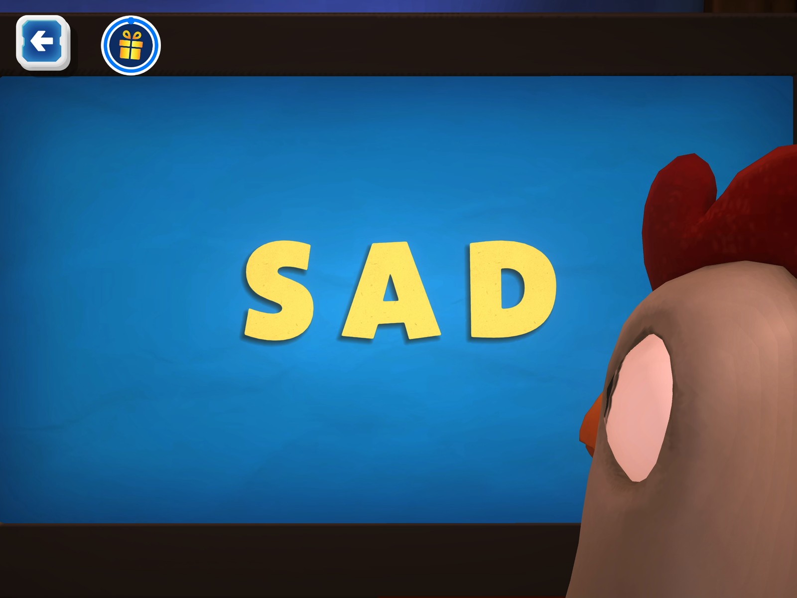 A rabbit character poking into frame during a word transition card