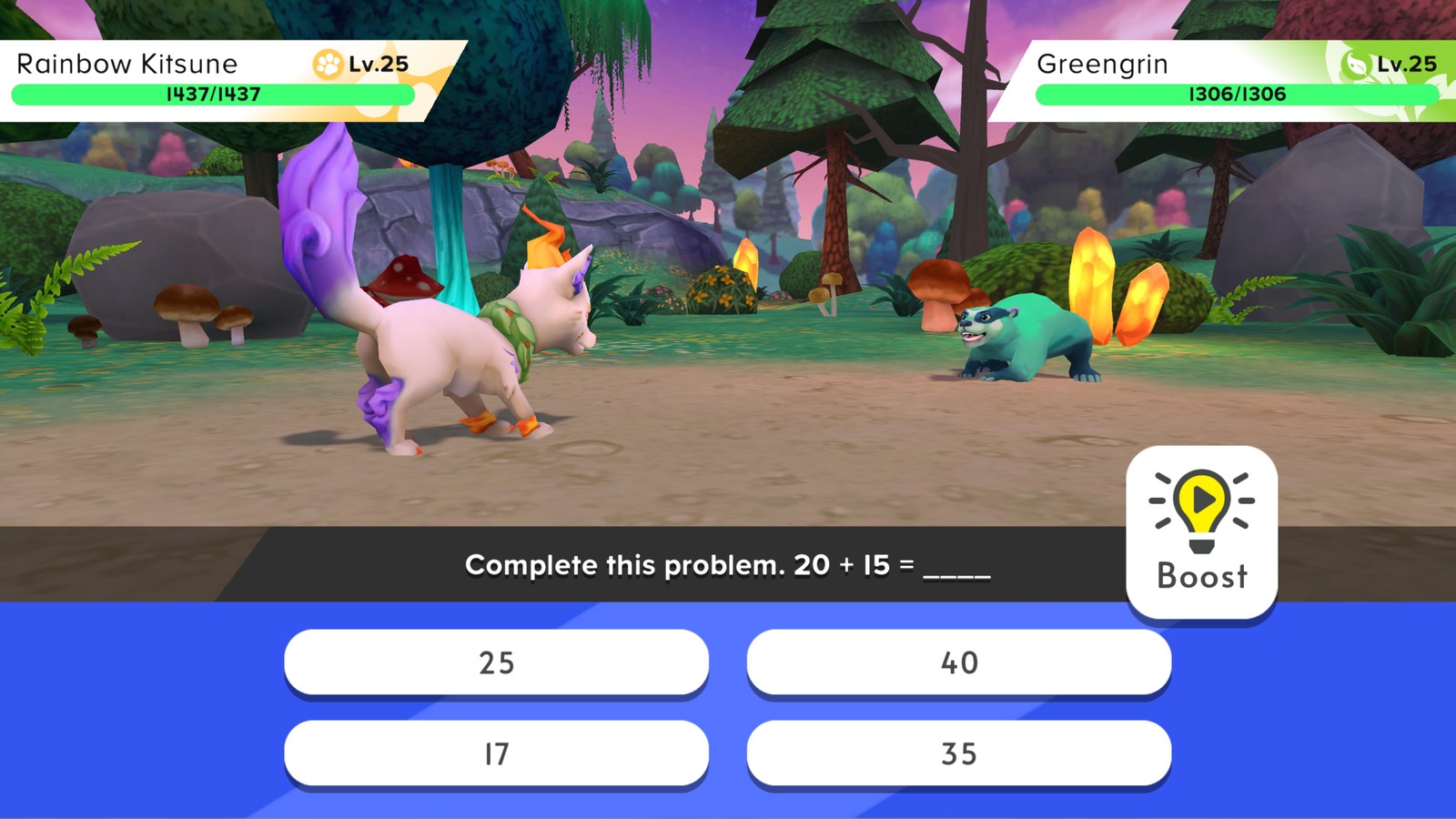 Knowledge battle testing a player on Math, ELA, Science, and History